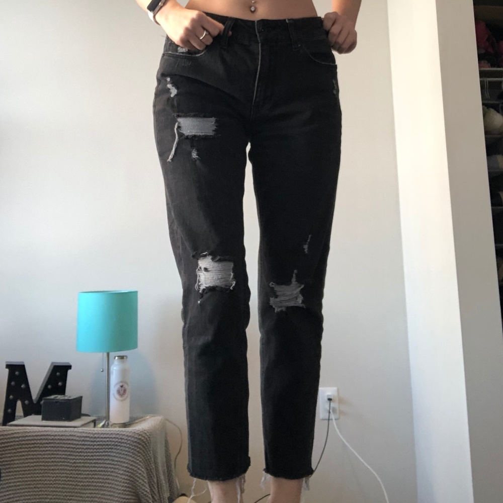 Black Cropped Ripped Mom Jeans
